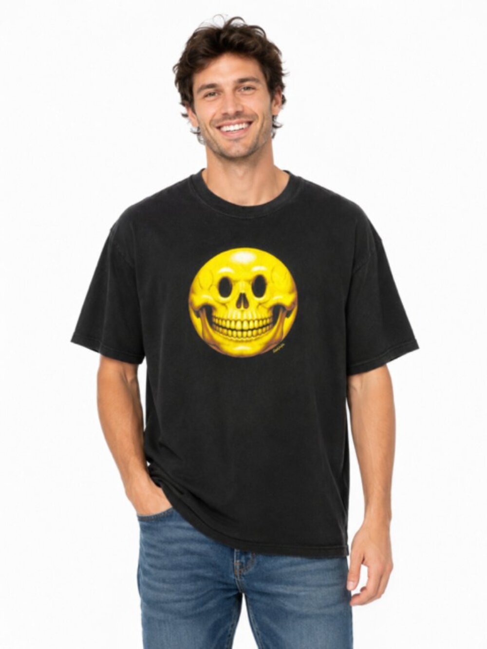 VTG Y2K Cam De Leon Happy Pencil Skull Smiley Graphic T-Shirt Black Adult Large